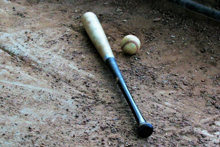 Baseball bat and baseball lying on the clay at a game